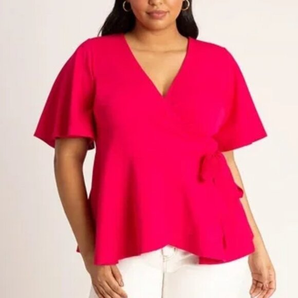 Eloquii Peplum Wrap Top Fuschia Pink Flutter Sleeves Women's Plus Size 20 - Picture 1 of 12
